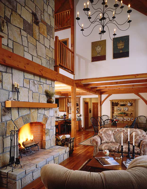 cozy timber frame home with fireplace