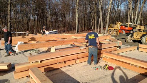 winter timber frame build in new york