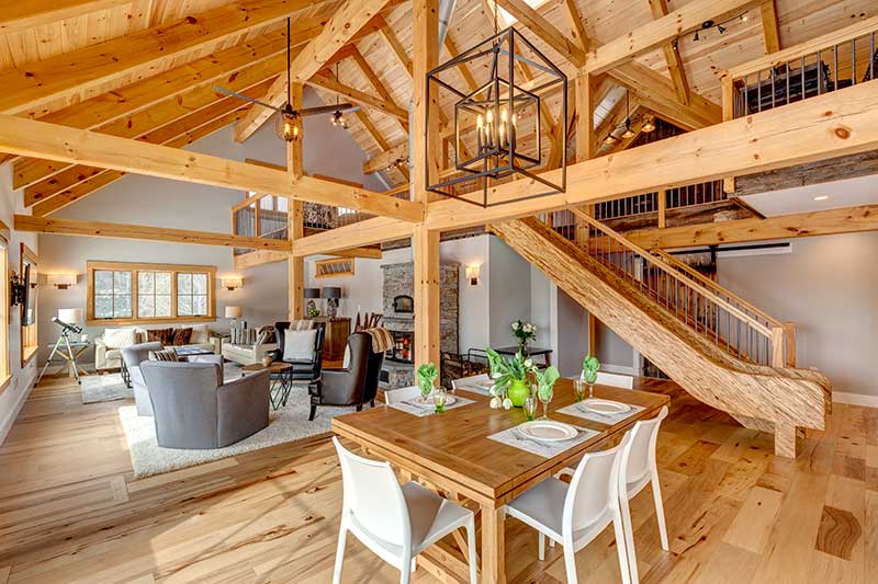 timber frame home with open floor plan