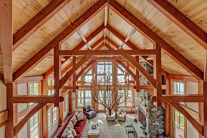 timber frame great room with trusses