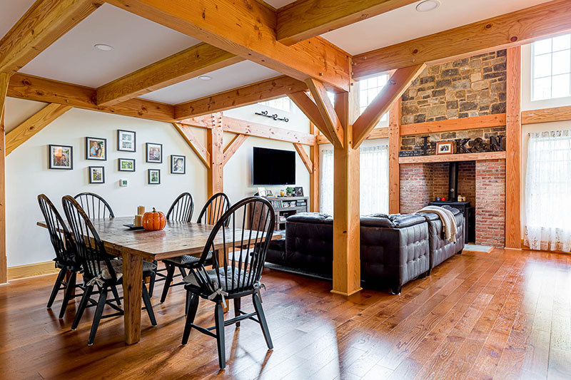 open concept timber frame living