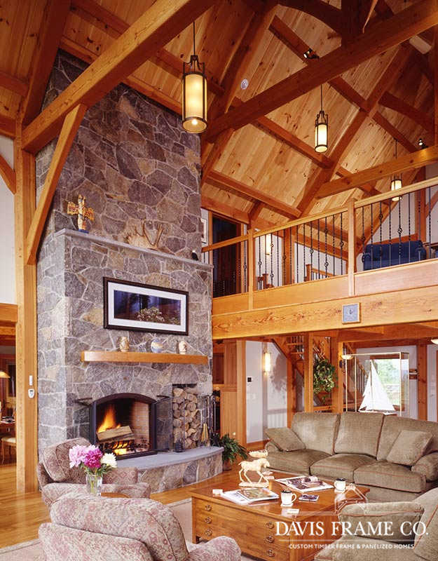 Vermont timber frame home great room 
