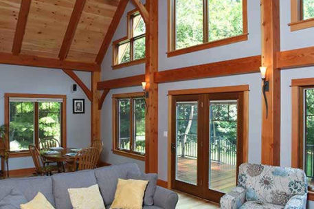 Small craftsman timber frame home great room 