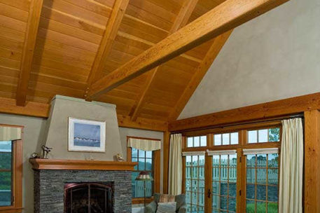 Vaulted ceiling timber frame master bedroom 