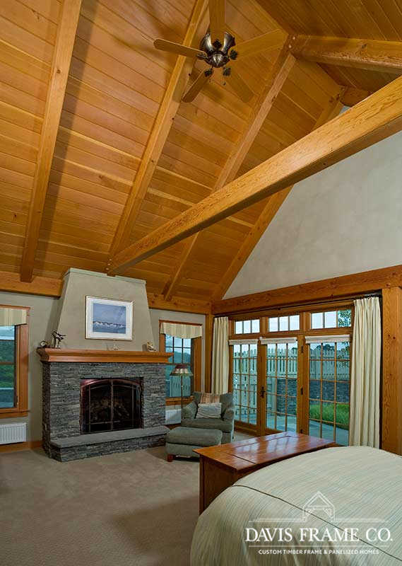 Vaulted ceiling timber frame master bedroom 