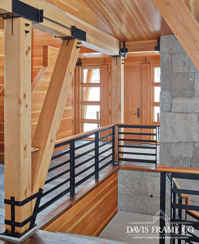 Stowe Vermont modern timber frame ski house entry