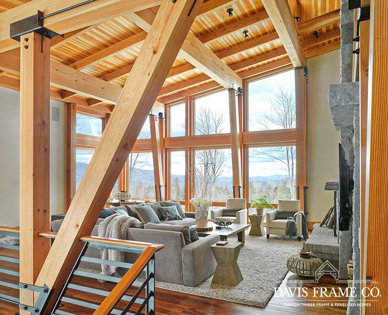 Stowe Vermont modern timber frame ski house great room