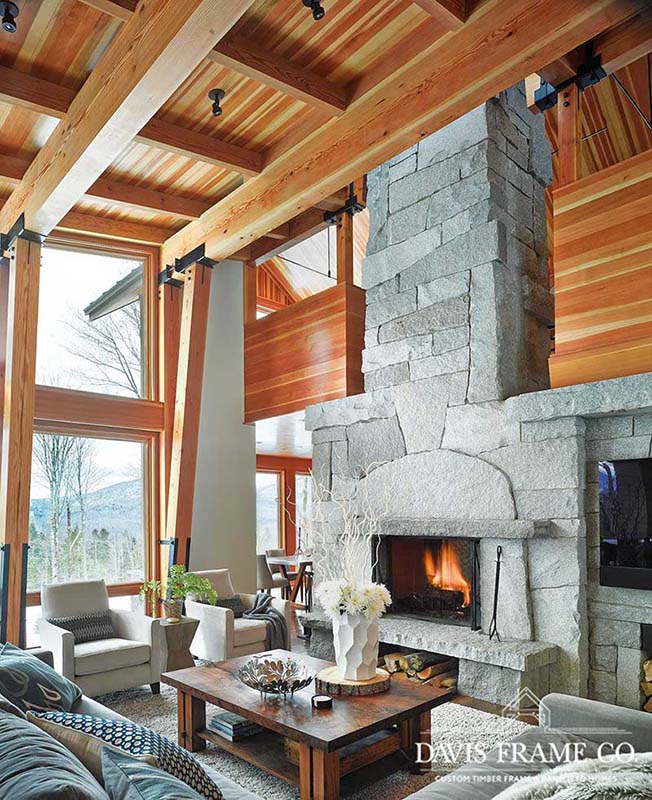 Stowe Vermont modern timber frame ski house great room