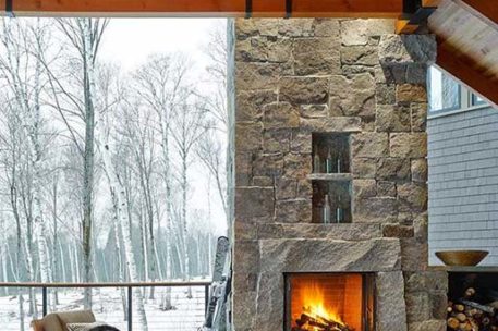 Stowe Vermont modern timber frame ski house porch