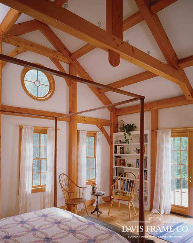 Vaulted timber frame bedroom in Vermont