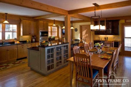 Open concept timber frame kitchen and dining room